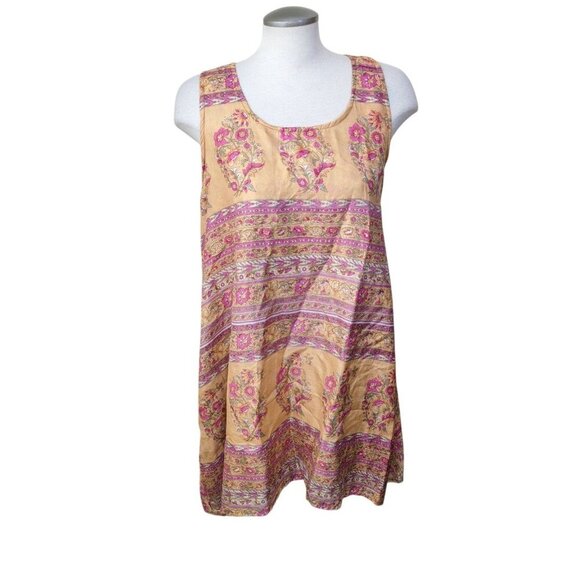 Guru Silk Dress Women L Peach Mixed Print Boho Asymmetrical Hem Festival Y2K - Picture 1 of 8